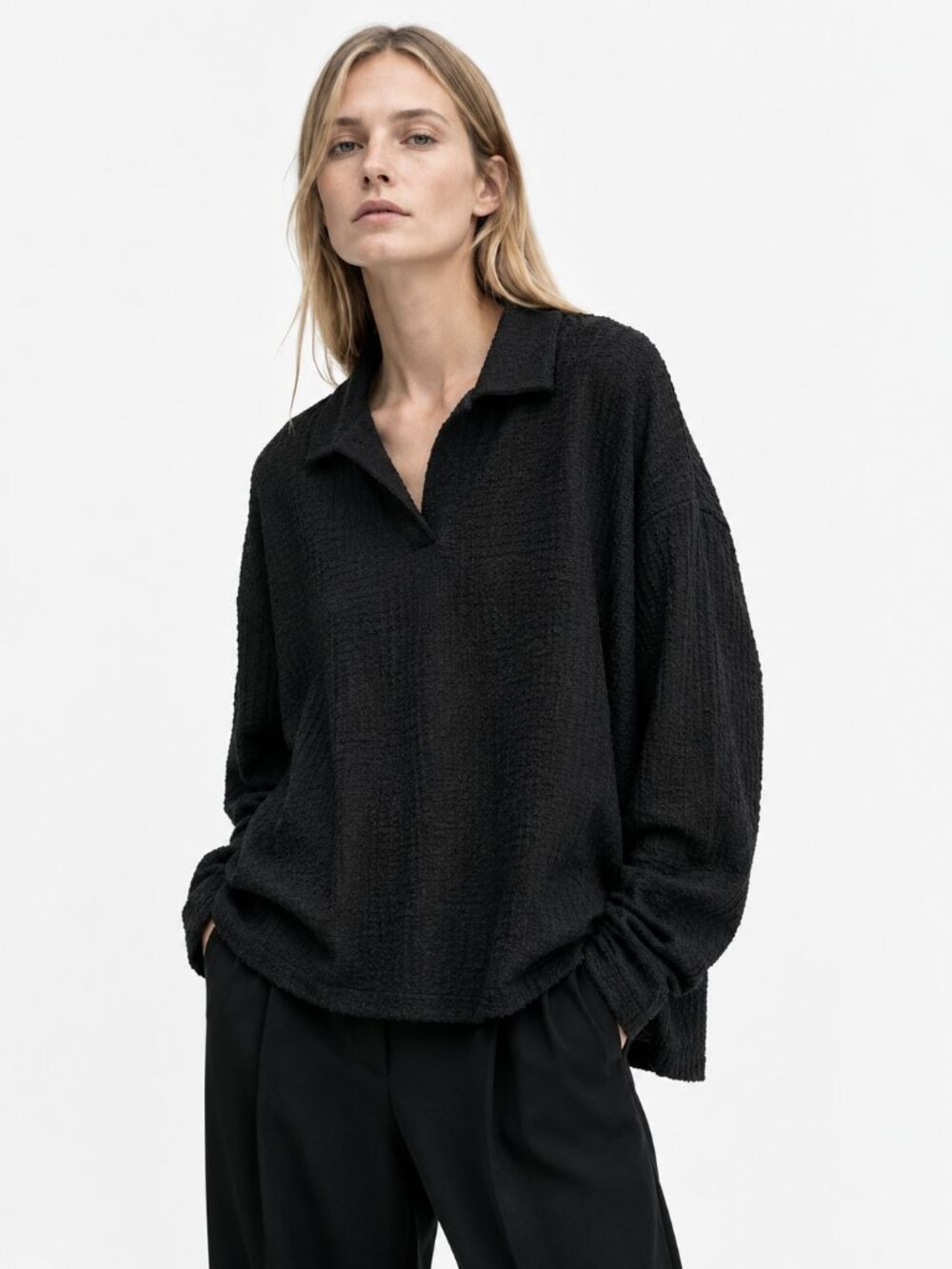NWT ZARA Popover Top Polo Oversized Shirt Crinkled Black Slouchy size L Stretch